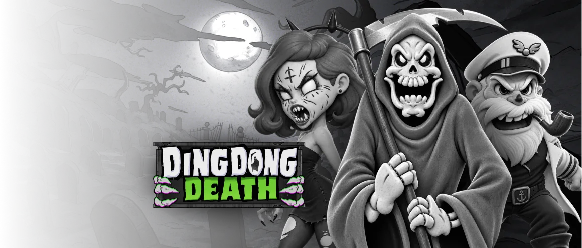 Bannière Ding Dong Death de Nolimit City : une mariée, un squelette et un capitaine dans un cimetière